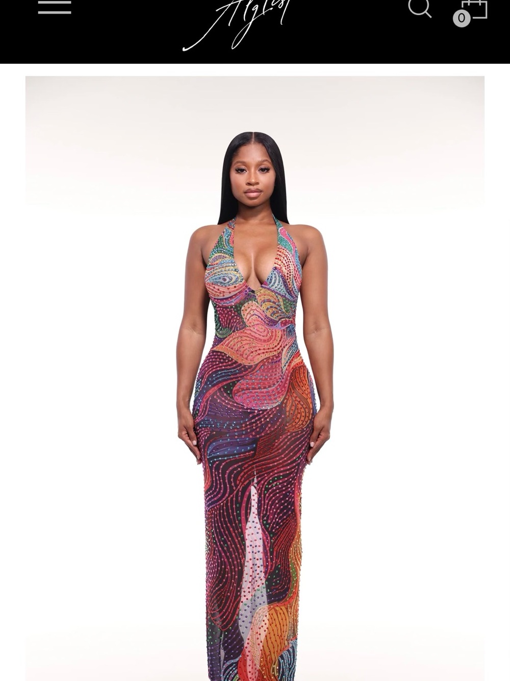 Plunge Halter Multi-Color Beaded Evening Dress